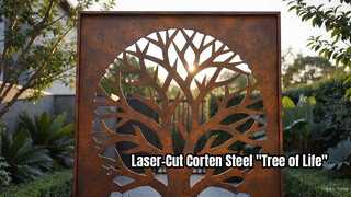 ประติมากรรมหน้าจอสวน "ต้นไม้แห่งชีวิต" ของ Corten Steel ที่ตัดด้วยเลเซอร์