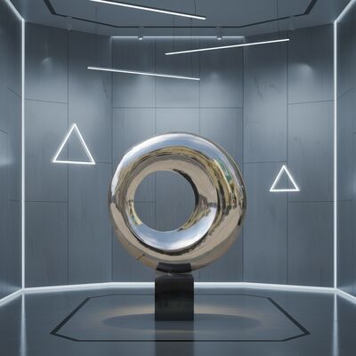 ประติมากรรมศิลปะสมัยใหม่สแตนเลสสตีลขัดเงาแบบกำหนดเอง ประติมากรรมตกแต่งนามธรรมวงกลมในร่ม