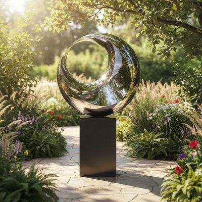 รูปปั้นสะท้อนแสงของครึ่งเดือน: งานศิลปะจากเหล็กเคลือบและหินมาร์บอร์ดํา