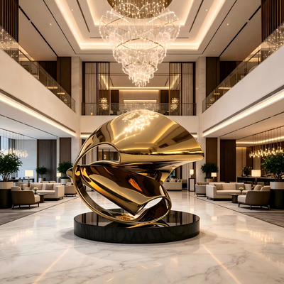 Titanium Gold Polished Stainless Steel Abstract Ring Sculpture with Black Granite Base | Modern Large Outdoor & Indoor Luxury Metal Art Statue